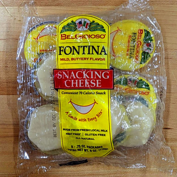 A snack-pack bag of Fontina snacking cheeses.