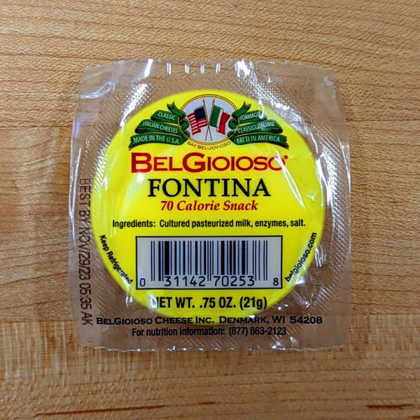 A snack-size package of BelGioioso Fontina cheese.