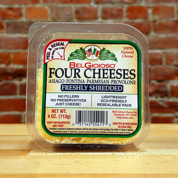 Front view of a container of BelGioioso Shredded Four Cheeses.