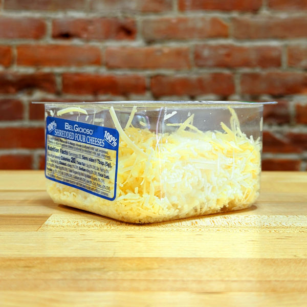 Side view of a container of BelGioioso Shredded Four Cheeses.