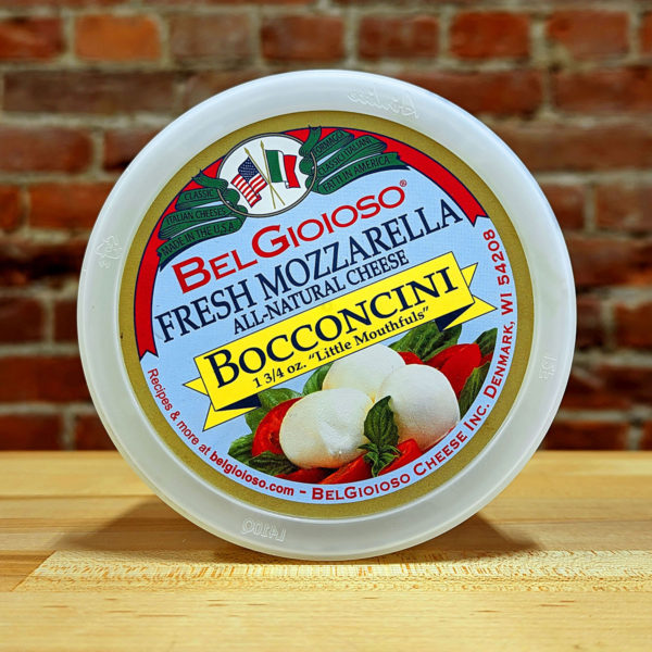 Lid of a tub of BelGioioso Fresh Mozzarella Bocconcini.