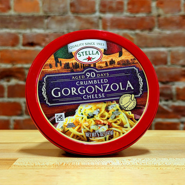 Lid of a container of Stella Crumbled Gorgonzola cheese.