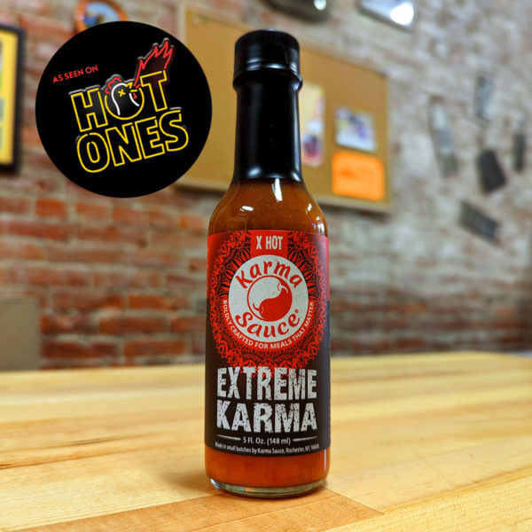 A bottle of Extreme Karma Hot Sauce, as seen on Hot Ones!