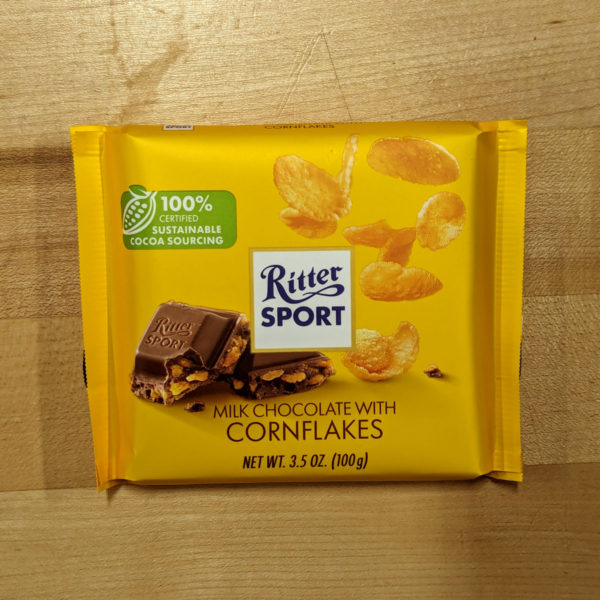 Packaging of Ritter Sport Milk Chocolate with Cornflakes.