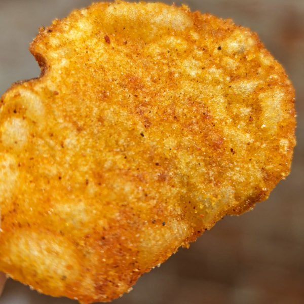 Detailed view of a Route 11 Barbeque potato chip.