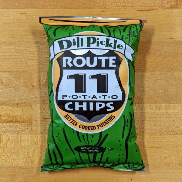 A bag of Route 11 Dill Pickle Potato Chips.
