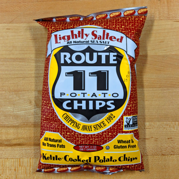 A bag of Route 11 Lightly Salted Potato Chips.