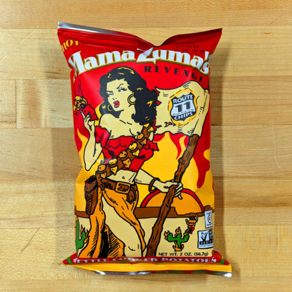 A bag of Route 11 Mama Zuma's Revenge Potato Chips.