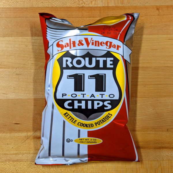 A bag of Route 11 Salt & Vinegar Potato Chips.