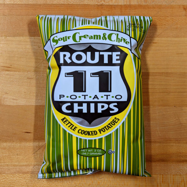 A bag of Route 11 Sour Cream & Chives Potato Chips.