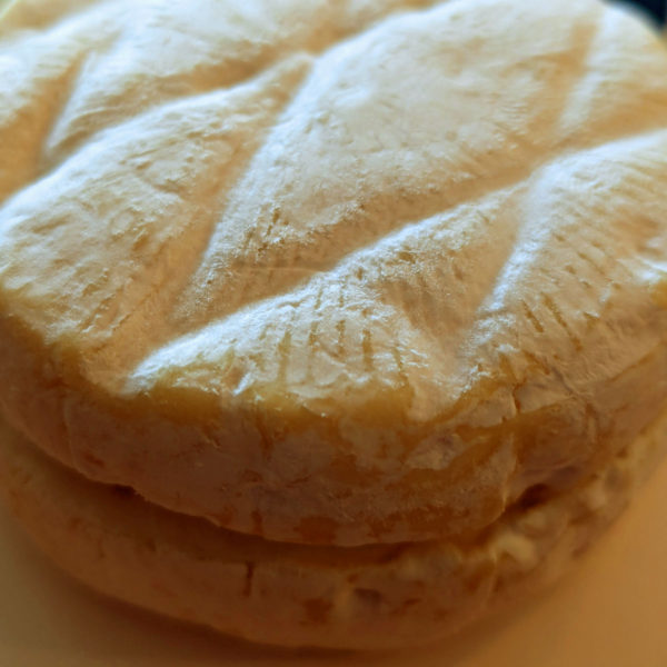 Top of unwrapped Moser Truffel, displaying bloomy rind.