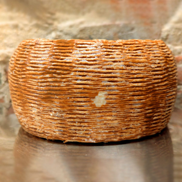 A closeup of the light-brown, basket-weave-textured rind of a wheel of Pecorino Calabrese.