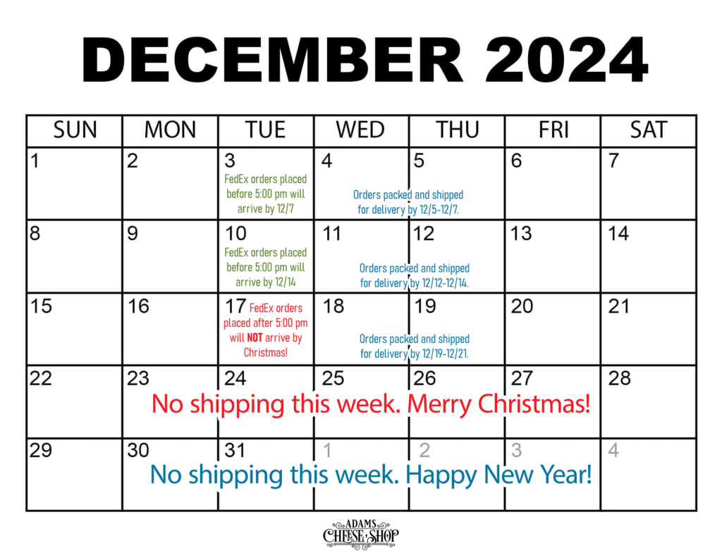 A shipping calendar for the month of December 2024, with important dates highlighted, as outlined elsewhere in the page.