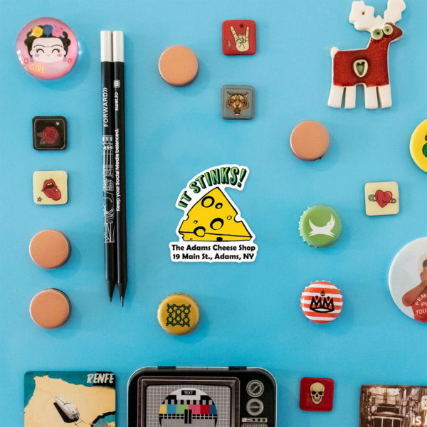 The "It Stinks!" magnet amongst many other souvenir magnets on a fridge door.