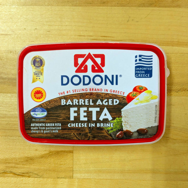 Top of a container of Dodoni Barrel Aged Greek Feta.