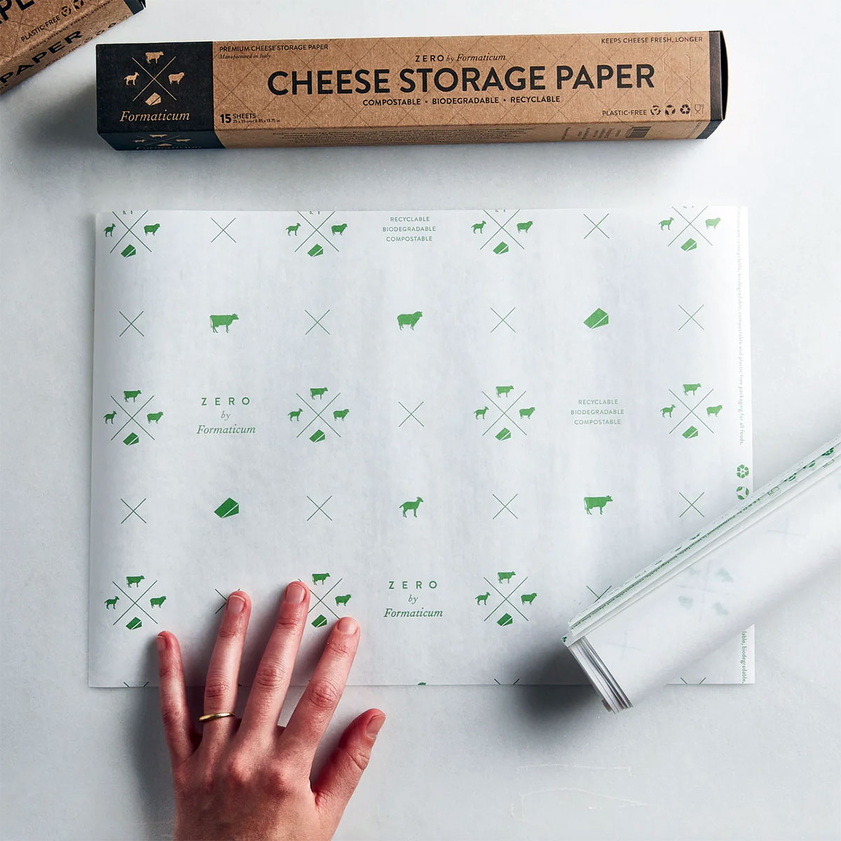 A package of Formaticum Zero Cheese Storage Paper in use,