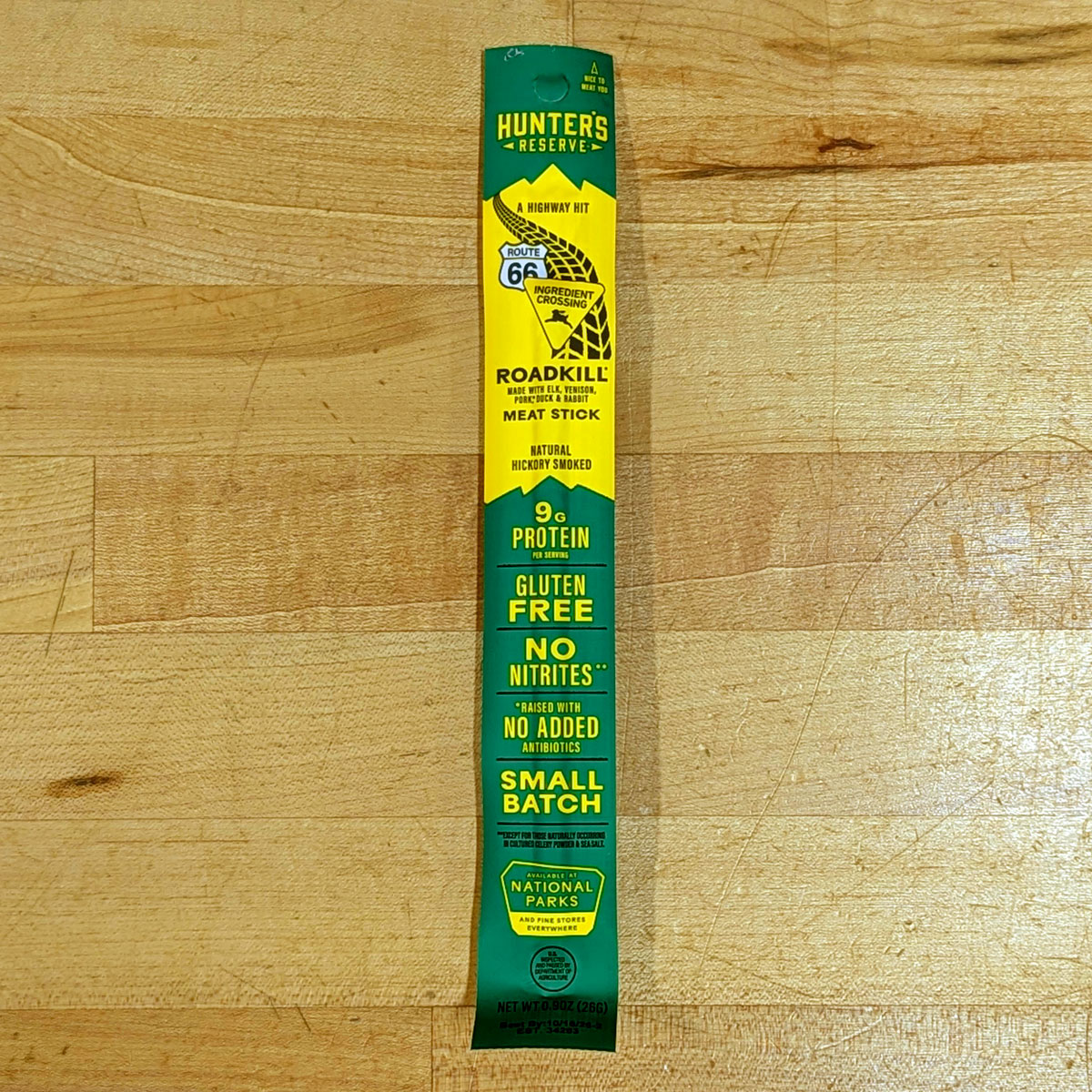 Full view of a Roadkill meat stick package.