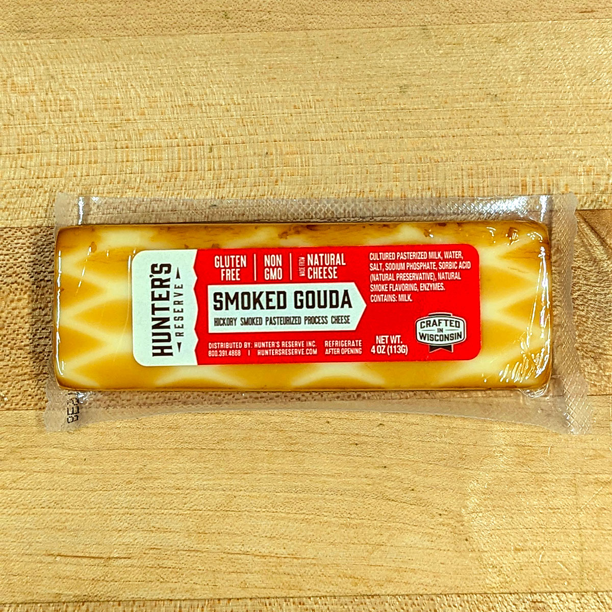 Top-down view of a package of Smoked Gouda.