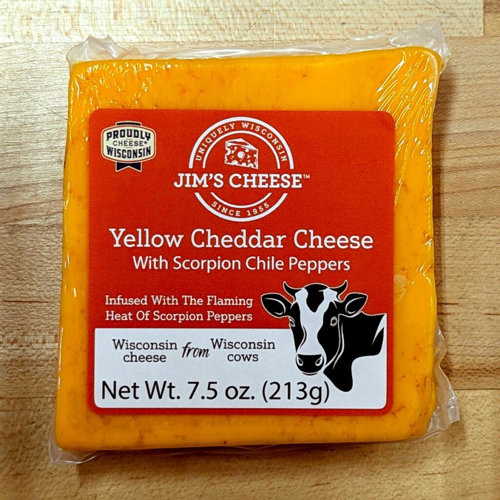 Yellow Cheddar Cheese with Scorpion Chile Peppers (7.5 oz.) - Jim's Cheese