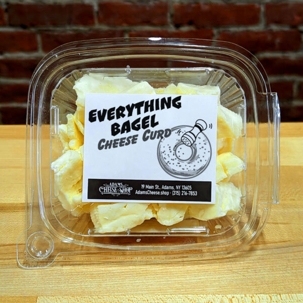 A container of Everything Bagel flavored cheese curd.