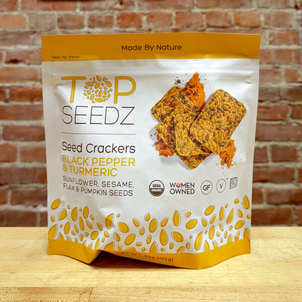 A package of Top Seedz Black Pepper Turmeric Crackers.