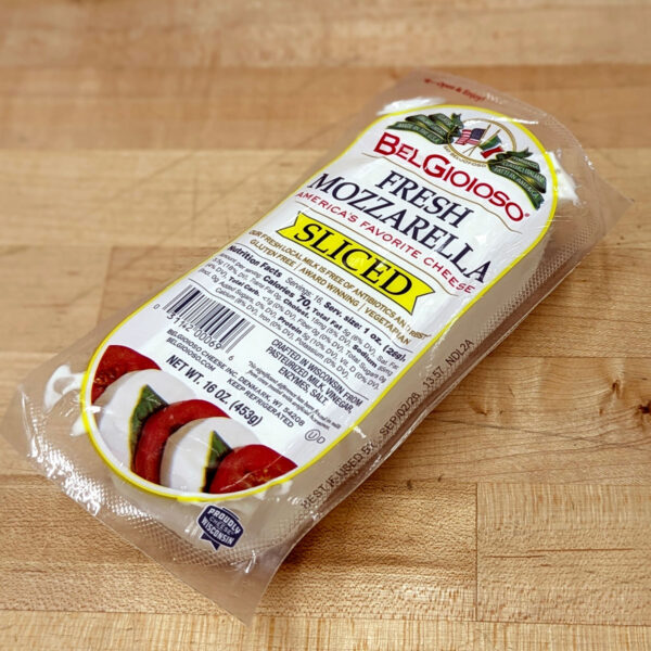 A paclage of BelGioioso sliced fresh mozzarella.